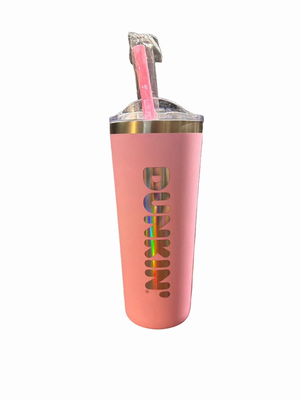 BRAND NEW* Dunkin Donuts Pink Insulated Silver Holographic Tumbler With Straw